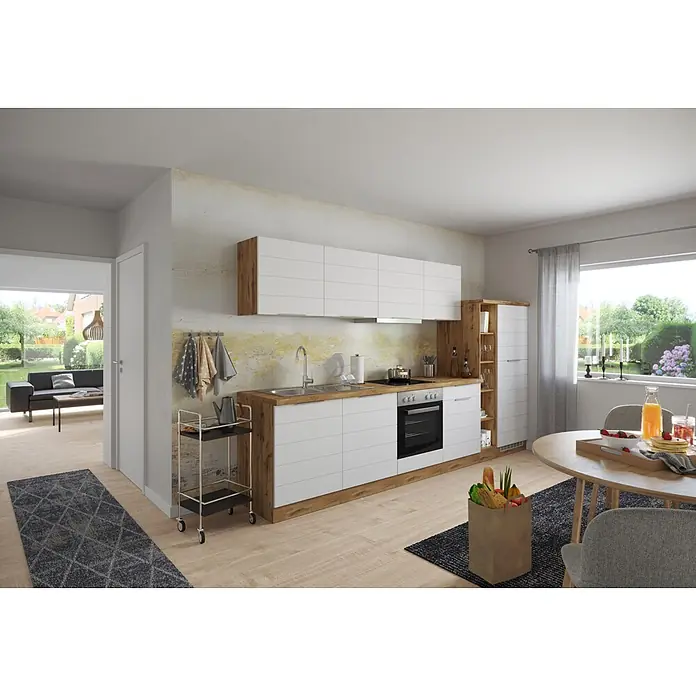 Held Möbel Küchenleerblock Genua Typ 3 - Breite: 330 cm, Weiß, Ohne Elektrogeräte - Moderne Küche und Essbereich mit weißen und Holzschränken, hellem Boden und Blick ins Wohnzimmer und Garten.