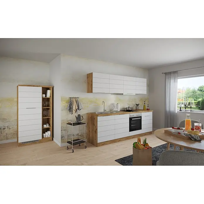 Held Möbel Küchenleerblock Genua Typ 2 - Breite: 330 cm, Weiß, Ohne Elektrogeräte - Moderne Küche mit weißen Schränken und Holz-Elementen, inklusive Hochschrank und Hängeschränken.