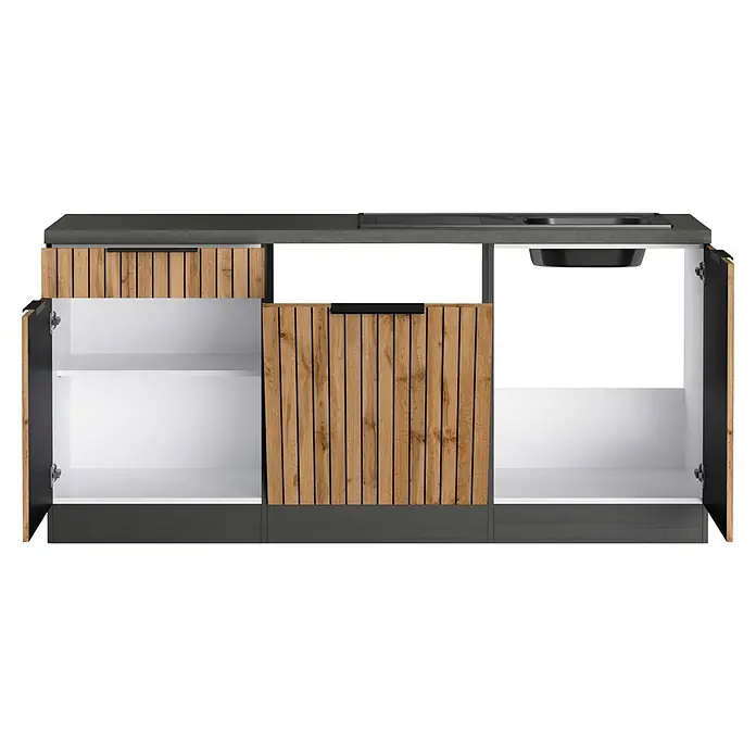 Held Möbel Küchenleerblock Bologna Typ 4 - 300 x 240 cm, Eiche, Ohne Elektrogeräte - Dunkelgrauer Küchenunterschrank mit Spüle, Lamellentür aus Holz und offenen weißen Regalen.