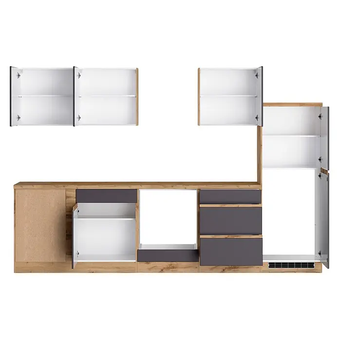 Held Möbel Küchenleerblock Catania Typ 2 - 240 x 300 cm, Graphite, Ohne Elektrogeräte - Modulare Küchenschrank-Set mit Holzoptik und dunkelgrauen Fronten, mit offenen Ober- und Unterschränken.