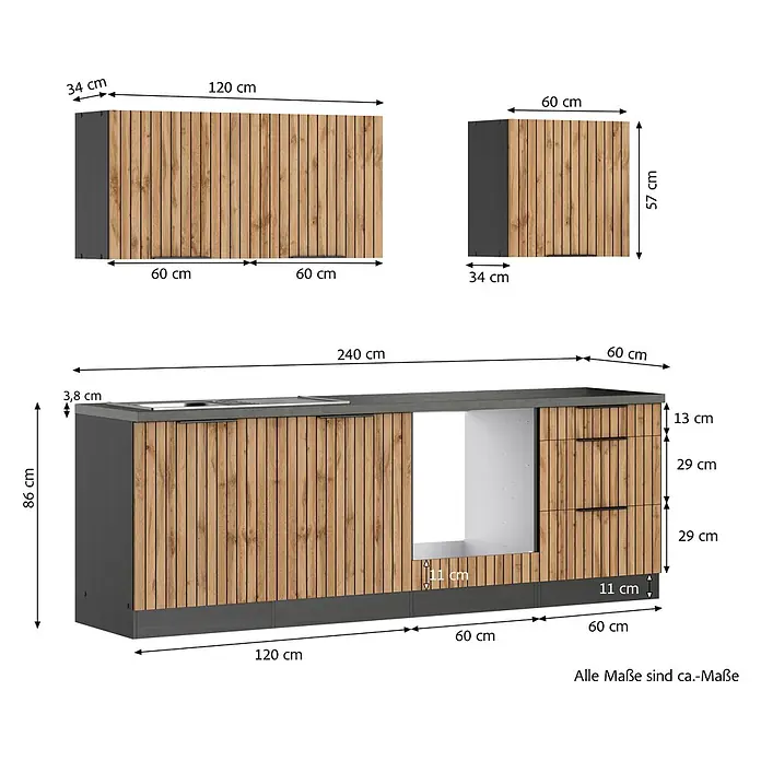 Held Möbel Küchenleerblock Bologna Typ 1 - Breite: 240 cm, Eiche, Ohne Elektrogeräte - Modernes Küchenschrank-Set mit Holzoptik-Lamellenfronten und dunkelgrauen Elementen, inklusive Hängeschränken und Unterschrank mit Gerätefach.