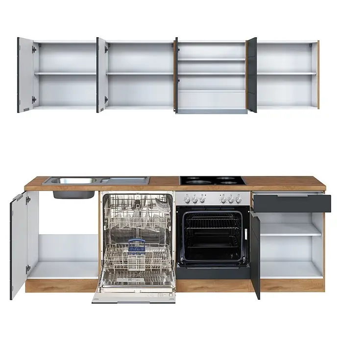 Held Möbel Küchenzeile Genua Typ 1 - Breite: 240 cm, Grau, Mit Elektrogeräten - Modulare Küchenzeile mit offenen weiß/grauen/Holzschränken, Spüle, Geschirrspüler und Backofen, Regale und Innenräume zeigend.