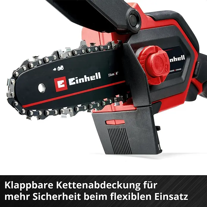Einhell PXC 18V Einhand-Akku-Kettensäge GE-PS 18/15 + GE-LS 18 - 18 V, 2,5 Ah, Li-Ionen, 1 Akku, Schwertlänge: 15,8 cm - Rot-schwarze Einhell Kettensäge mit 15cm (6") Führungsschiene und klappbarer Kettenabdeckung für sicheren, flexiblen Einsatz.