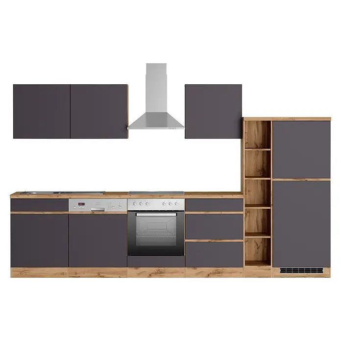 Held Möbel Küchenzeile Catania Typ 1 - Breite: 330 cm, Grau, Mit Elektrogeräten - Moderne Küchenzeile mit dunkelgrauen Schränken, hellen Holz Akzenten, integriertem Backofen, Kochfeld, Geschirrspüler, Spüle und Dunstabzugshaube.