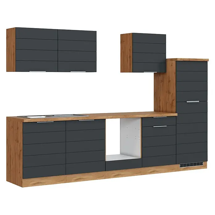 Held Möbel Küchenleerblock Genua Typ 3 - Breite: 300 cm, Grau, Ohne Elektrogeräte - Modulare Küchenzeile mit dunkelgrauen Fronten, Holzseiten und Arbeitsplatte. Mit Spüle und Gerätestellplatz.