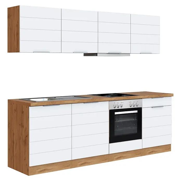 Held Möbel Küchenzeile Genua Typ 1 - Breite: 240 cm, Weiß, Mit Elektrogeräten - Moderne Modulküche mit weißen Schränken, Holz-Arbeitsplatte, Seiten und Sockel, inklusive Spüle, Kochfeld und Backofen.
