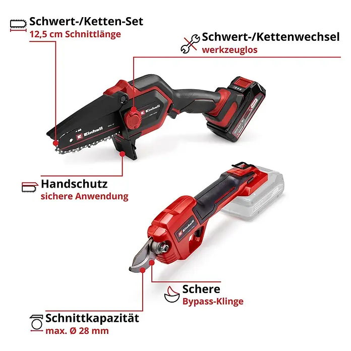 Einhell PXC 18V Einhand-Akku-Kettensäge GE-PS 18/15 + GE-LS 18 - 18 V, 2,5 Ah, Li-Ionen, 1 Akku, Schwertlänge: 15,8 cm - Rote/schwarze Akku-Astsäge (12,5cm Schwert, Handschutz, werkzeugloser Kettenwechsel) und Bypass-Schere (28mm Schnittkapazität).