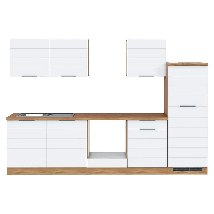 Held Möbel Küchenleerblock Genua Typ 3 - Breite: 300 cm, Weiß, Ohne Elektrogeräte - Moderne weiße Küche mit Holzdetails, Unterschränken, Oberschränken, Spüle und Hochschrank.