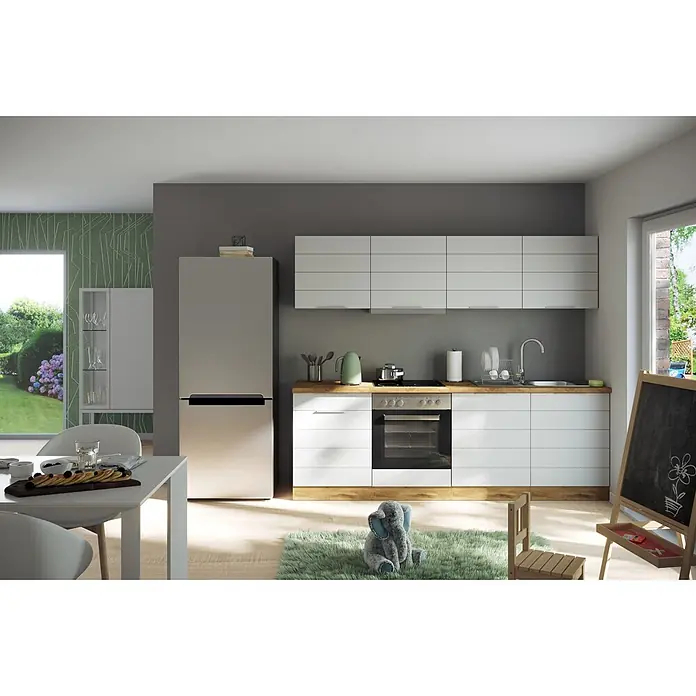 Held Möbel Küchenleerblock Genua Typ 1 - Breite: 240 cm, Weiß, Ohne Elektrogeräte - Eine moderne weiße Küche mit Holztheke und integrierten Geräten in einem hellen Wohnambiente.