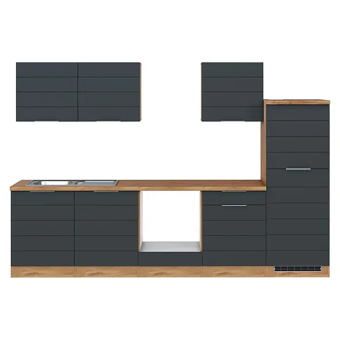 Held Möbel Küchenleerblock Genua Typ 3 - Breite: 300 cm, Grau, Ohne Elektrogeräte - Modulküche mit dunkelgrauen Schränken, heller Holztheke und Edelstahlspüle.