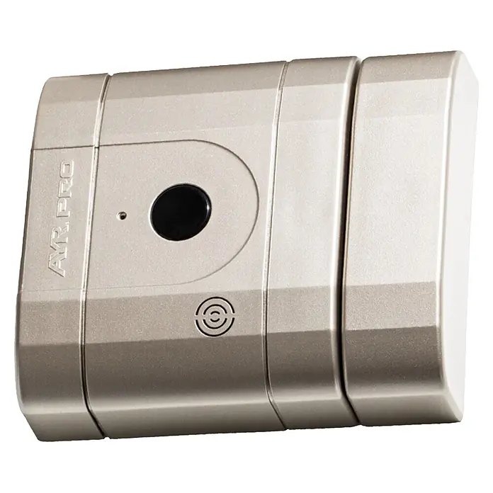 AYR Cerradura electrónica Lock-PRO - Marrón, Bluetooth - Estación de puerta inteligente plata/champán con cámara/sensor integrado y símbolo de altavoz.