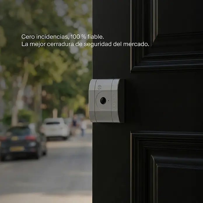 AYR Cerradura electrónica Lock-PRO - Gris, Bluetooth - Cerradura inteligente gris plateado montada en una puerta negra, con vista a una calle exterior difusa a través de la puerta abierta.