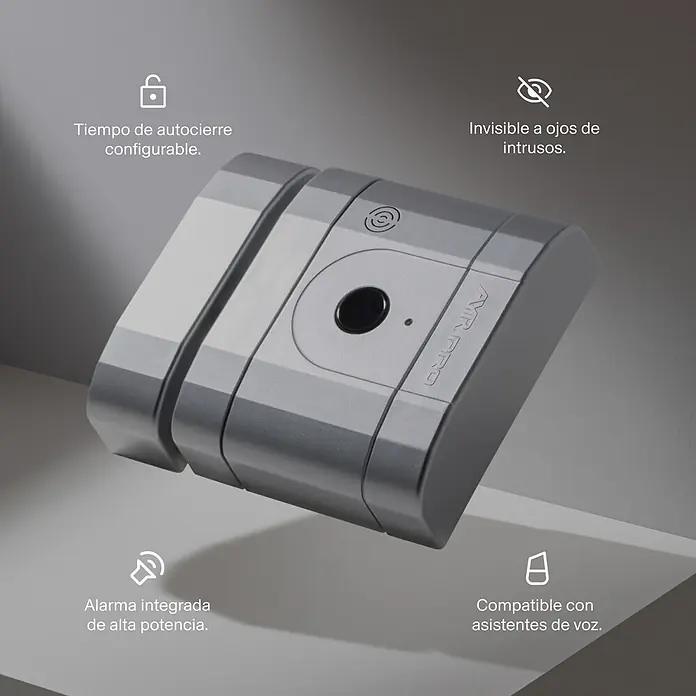 AYR Cerradura electrónica Lock-PRO - Gris, Bluetooth - Dispositivo de cerradura inteligente gris con botón negro central, sensor y marca "AMR PRO".