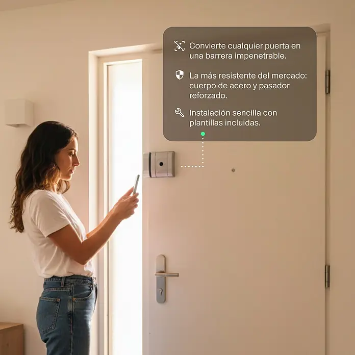 AYR Cerradura electrónica Lock-PRO - Gris, Bluetooth - Una mujer usa su teléfono para interactuar con un cerrojo inteligente. El dispositivo refuerza la seguridad con un cuerpo de acero.