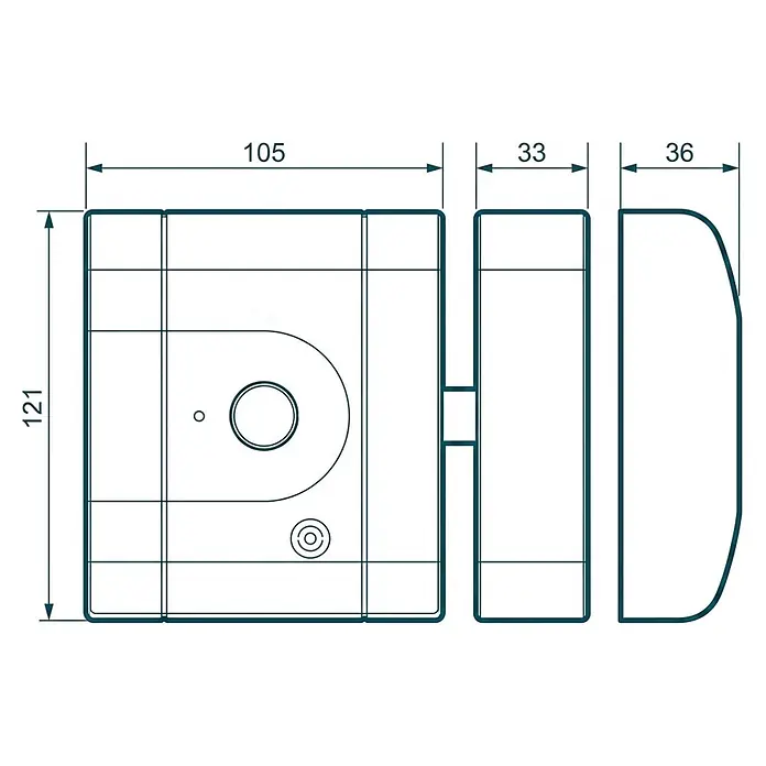 AYR Cerradura electrónica Lock-PRO - Negro, Bluetooth, Señal de alarma: 100 dB - Dibujo técnico de un mecanismo de cerradura rectangular con vistas frontal y lateral y dimensiones: 121, 105, 33 y 36.