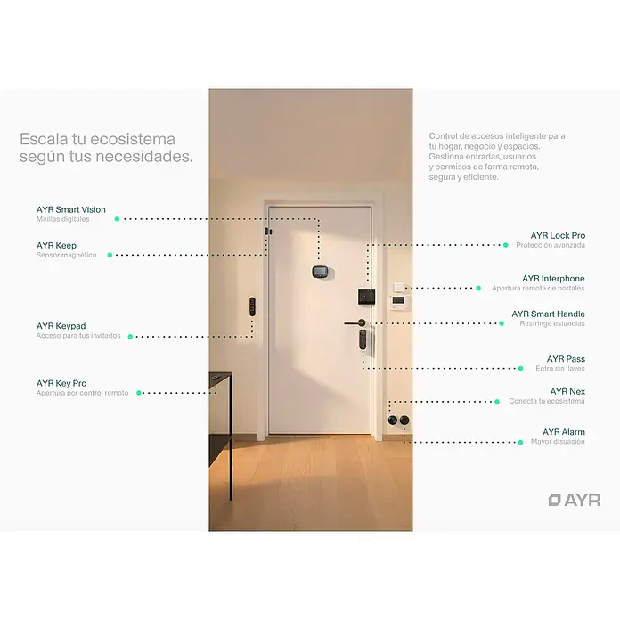 AYR Cerradura electrónica Pass - Negro, Bluetooth, Mediante app, USB Tipo C - Ecosistema de control de acceso inteligente con teclados, cerraduras, sensores y portero para seguridad integrada.