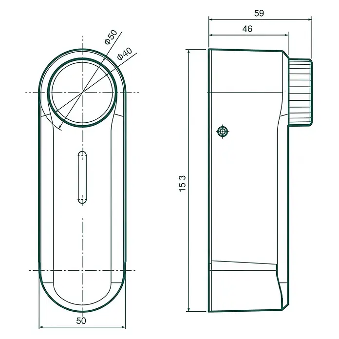 AYR Cerradura electrónica Pass - Negro, Bluetooth, Mediante app, USB Tipo C - Dibujo técnico de un cilindro de cerradura rectangular con dimensiones, vistas superior y lateral.