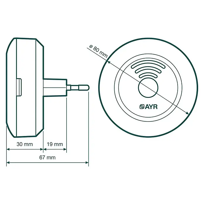 AYR Puente de conexión BT/WIFI - Específico para: Cerraduras int-LOCK PRO y/o int-ELEK - Dibujo técnico de un dispositivo inalámbrico cilíndrico enchufable de 80 mm de diámetro y 67 mm de largo, con símbolo Wi-Fi y logotipo AYR.