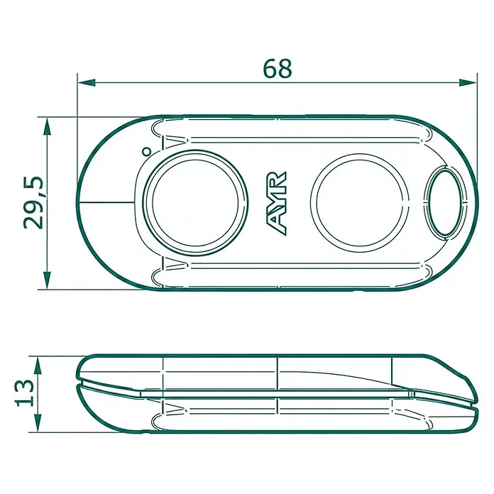 AYR Control remoto IntLock Key Pro - Específico para: Cerraduras AYR Pass, Lock Pro y Smart Handle - Dibujo técnico de un mando a distancia electrónico oblongo con tres botones, dimensiones 68x29,5x13 mm.