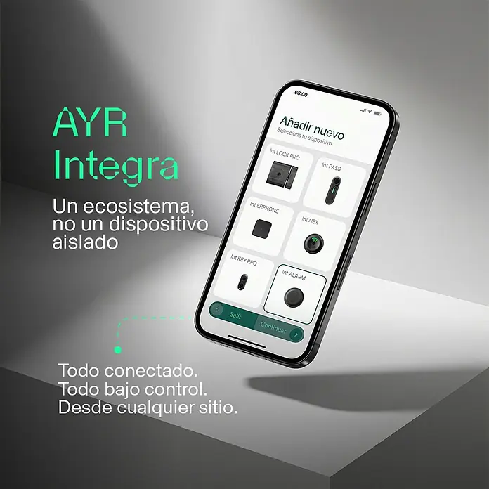 AYR Cerradura electrónica Pass - Negro, Bluetooth, Mediante app, USB Tipo C - Smartphone mostrando la app AYR Integra, con opciones para añadir dispositivos inteligentes como cerraduras, cámaras y alarmas.