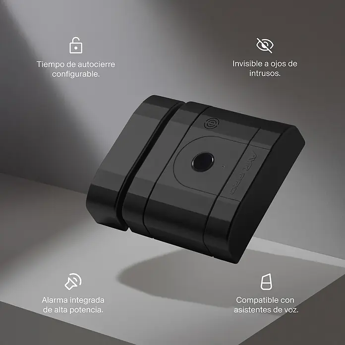 AYR Cerradura electrónica Lock-PRO - Negro, Bluetooth, Señal de alarma: 100 dB - Cerradura inteligente negra y elegante, angulada, con acabado texturizado y diseño discreto.