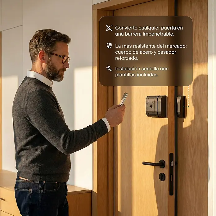 AYR Cerradura electrónica Lock-PRO - Negro, Bluetooth, Señal de alarma: 100 dB - Un hombre usa un smartphone para operar un sistema de cerradura inteligente oscuro en una puerta de madera.
