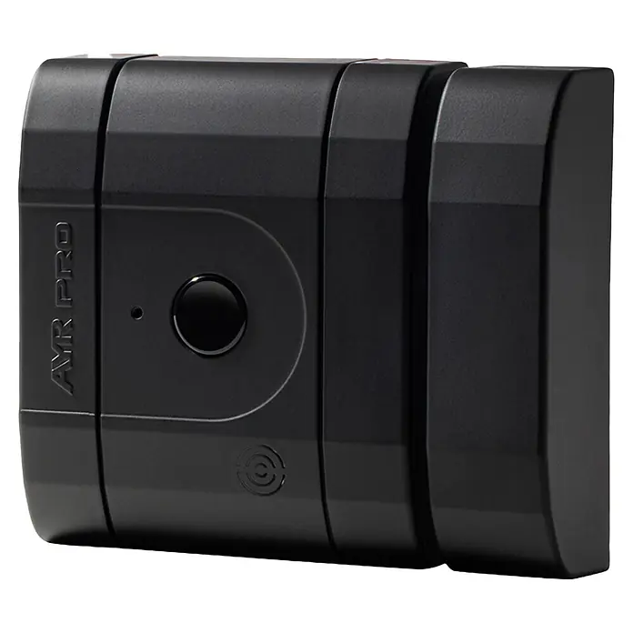 AYR Cerradura electrónica Lock-PRO - Negro, Bluetooth, Señal de alarma: 100 dB - Dispositivo electrónico 'AYR PRO' negro y robusto con acabado mate, con un botón central y una luz indicadora.