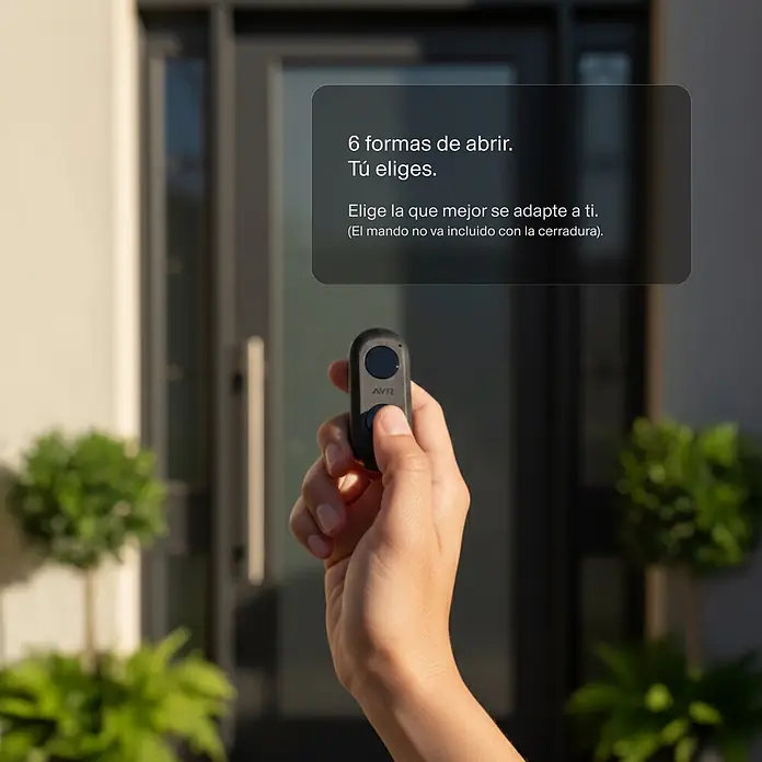 AYR Cerradura electrónica Pass - Negro, Bluetooth, Mediante app, USB Tipo C - Una mano sostiene un control remoto inteligente negro con dos botones y el logo 'AVR', mostrando su uso para abrir una puerta.