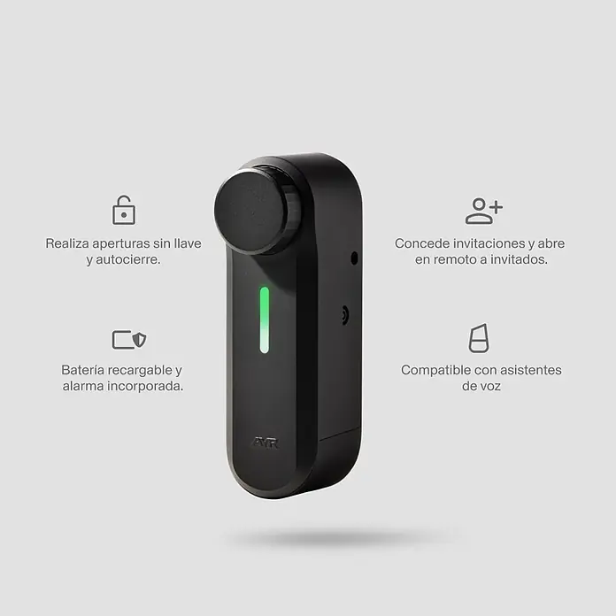 AYR Cerradura electrónica Pass - Negro, Bluetooth, Mediante app, USB Tipo C - Dispositivo de cerradura inteligente negro con perilla giratoria y LED verde. Acceso sin llave.