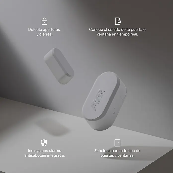 AYR Sensor de ventana inalámbrico Keep - Bluetooth - Dos sensores de contacto inteligentes, grises claros y ovalados, uno con marca 'AR', para seguridad de puertas y ventanas.