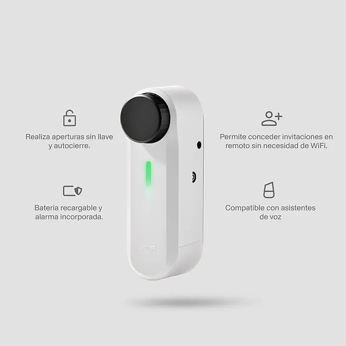 AYR Cerradura electrónica Pass - Blanco, Bluetooth, Mediante app, USB Tipo C - Dispositivo de cerradura inteligente rectangular blanco con un pomo negro, luz LED verde y marca 'AYR'.