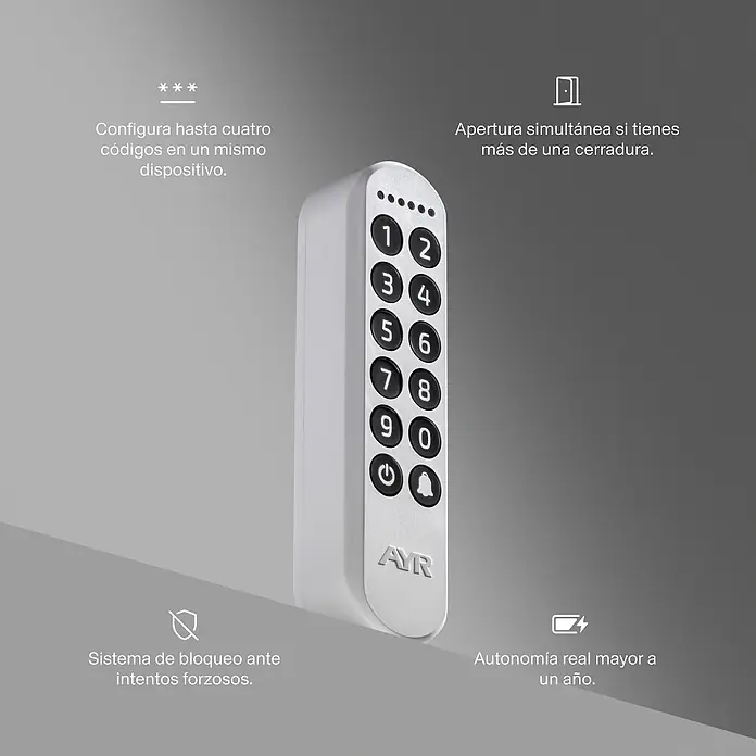 AYR Teclado de código inalámbrico Keypad - Bluetooth, Mediante app - Teclado digital blanco y plateado con botones numerados (0-9), iconos de encendido y campana, utilizado para control de acceso.