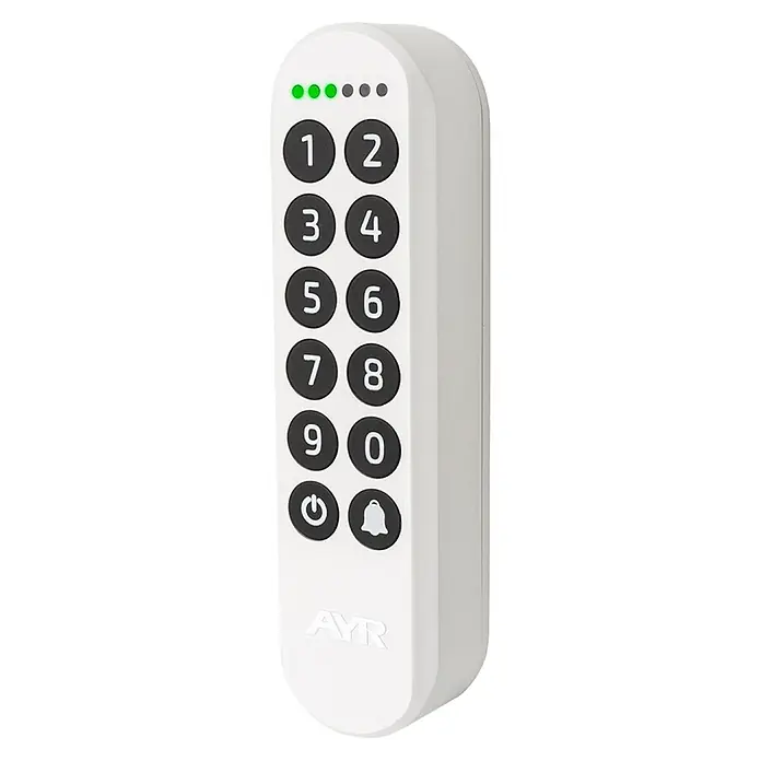 AYR Teclado de código inalámbrico Keypad - Bluetooth, Mediante app - Teclado blanco de control de acceso con botones negros numerados, símbolos de encendido y campana. Tres luces verdes activas.