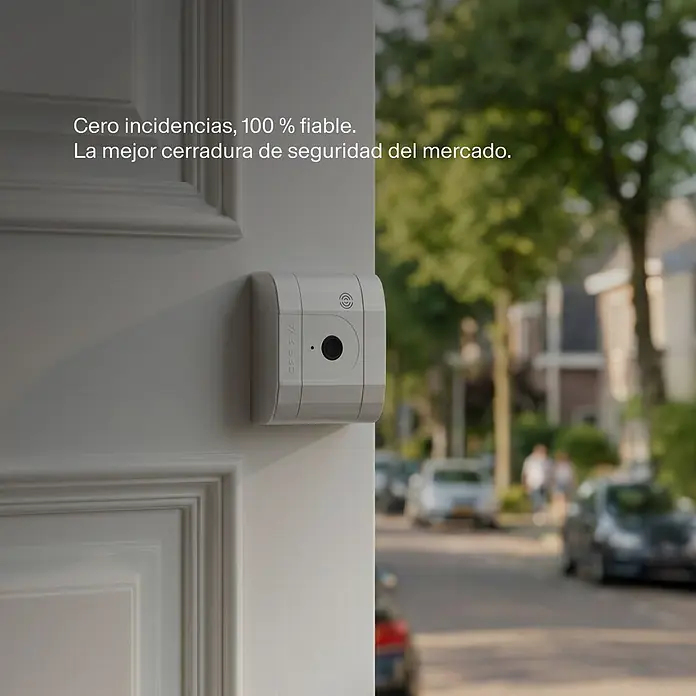 AYR Cerradura electrónica Lock-PRO - Blanco, Bluetooth - Dispositivo de seguridad inteligente blanco montado en una puerta abierta, con vista borrosa a la calle. Marca parcialmente visible: CARRI.