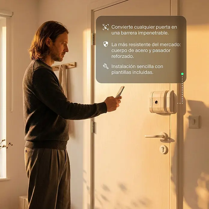 AYR Cerradura electrónica Lock-PRO - Blanco, Bluetooth - Un hombre usa su smartphone para interactuar con una cerradura inteligente beige instalada en una puerta interior.