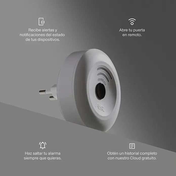 AYR Puente de conexión BT/WIFI - Específico para: Cerraduras int-LOCK PRO y/o int-ELEK - Pasarela de hogar inteligente gris claro en forma de disco con enchufe y botón central para control de dispositivos y alertas.