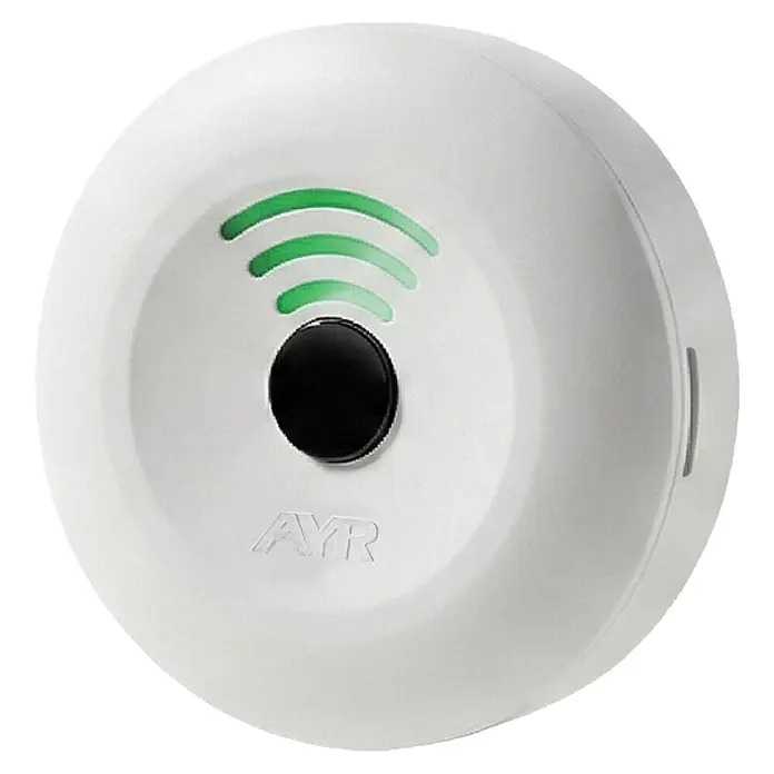 AYR Puente de conexión BT/WIFI - Específico para: Cerraduras int-LOCK PRO y/o int-ELEK - Sensor inteligente redondo blanco con arcos de señal verdes, botón negro, logo AYR y ranura lateral.