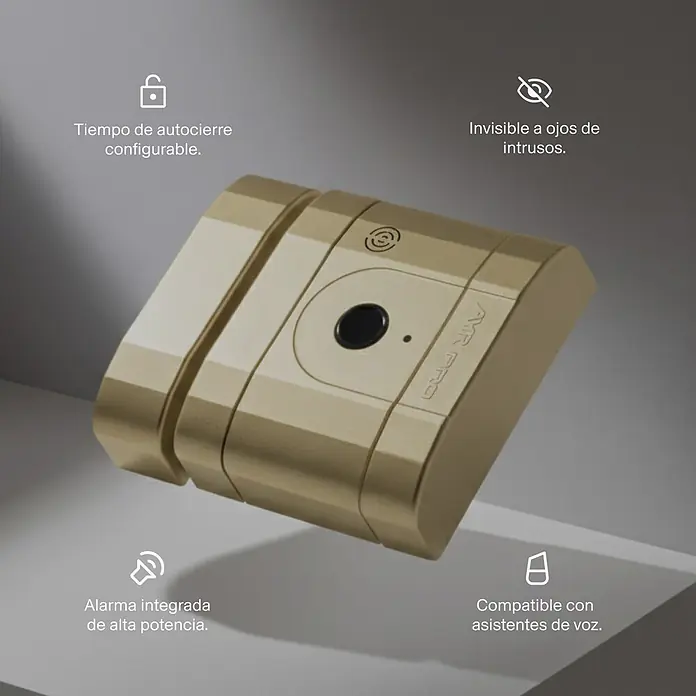 AYR Cerradura electrónica Lock-PRO - Dorado, Bluetooth - Un cerrojo inteligente dorado con un botón negro central y un diseño moderno.