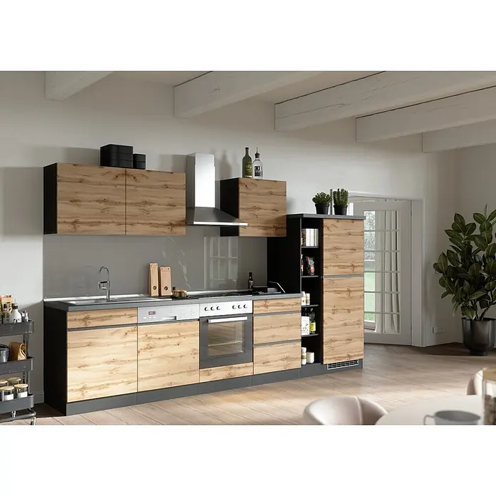 Held Möbel Küchenzeile Catania Typ 1 - Breite: 330 cm, Wotaneiche, Mit Elektrogeräten - Moderne Küche mit Holzoptik- und dunkelgrauen Schränken, integrierter Spüle, Kochfeld, Backofen und Geschirrspüler. Inklusive Wand- und Hochschränken.