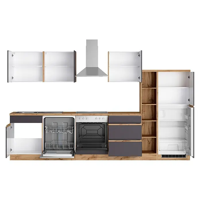 Held Möbel Küchenzeile Catania Typ 1 - Breite: 330 cm, Grau, Mit Elektrogeräten - Moderne Küchenzeile mit hellen Holzoptik-Elementen, grauen Unterschränken, weißen Oberschränken und integrierten silbernen Geräten.