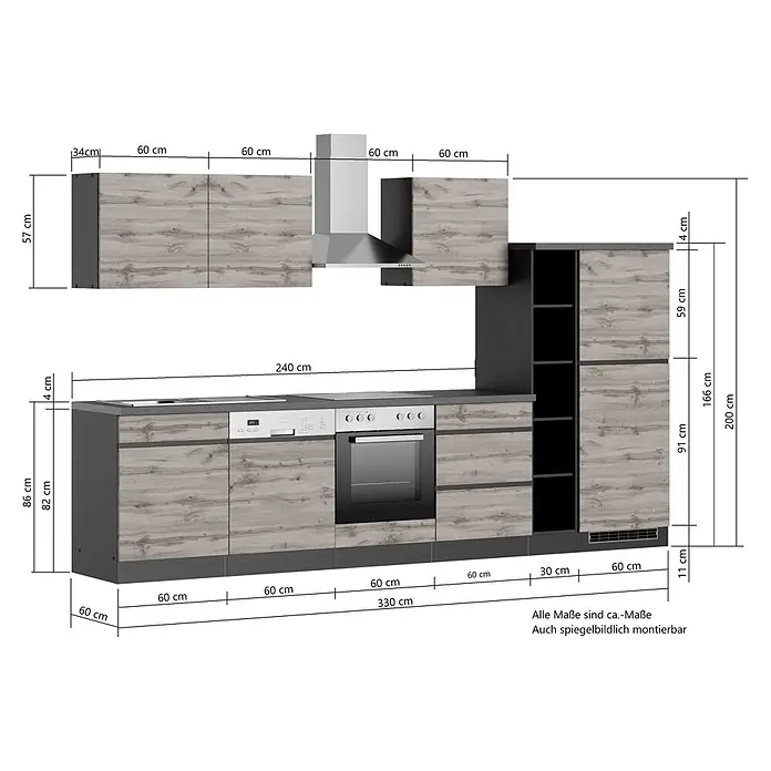 Held Möbel Küchenzeile Catania Typ 1 - Breite: 330 cm, Wotaneiche, Mit Elektrogeräten - Moderne Küchenzeile mit grauen Holzmaserungsfronten und dunkelgrauen Elementen, inklusive Einbaugeräten und Maßangaben.
