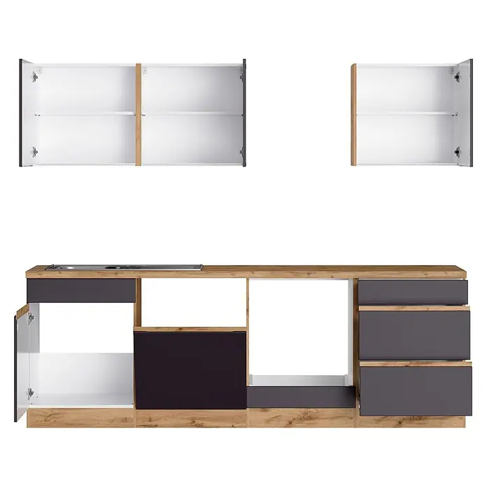 Held Möbel Küchenleerblock Catania Typ 2 - Breite: 240 cm, Graphite, Ohne Elektrogeräte - Offene Küchenschränke und Unterschrank in hellem Holz, Weiß, Dunkelgrau und Dunkellila, mit Spüle und Kochfeld.