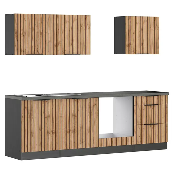 Held Möbel Küchenleerblock Bologna Typ 1 - Breite: 240 cm, Eiche, Ohne Elektrogeräte - Küchenschränke mit Holzlamellenfronten, dunkelgrauer Arbeitsplatte und Seiten, inklusive Spüle und Gerätestellplatz.