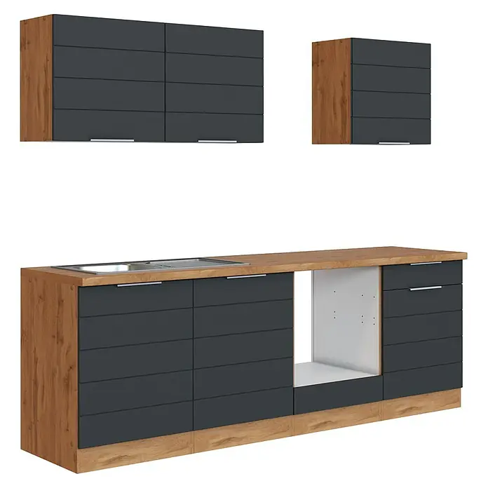 Held Möbel Küchenleerblock Genua Typ 1 - Breite: 240 cm, Grau, Ohne Elektrogeräte - Moderne Küchenmöbel in Dunkelgrau und hellem Holz, bestehend aus Ober- und Unterschränken mit Spüle.