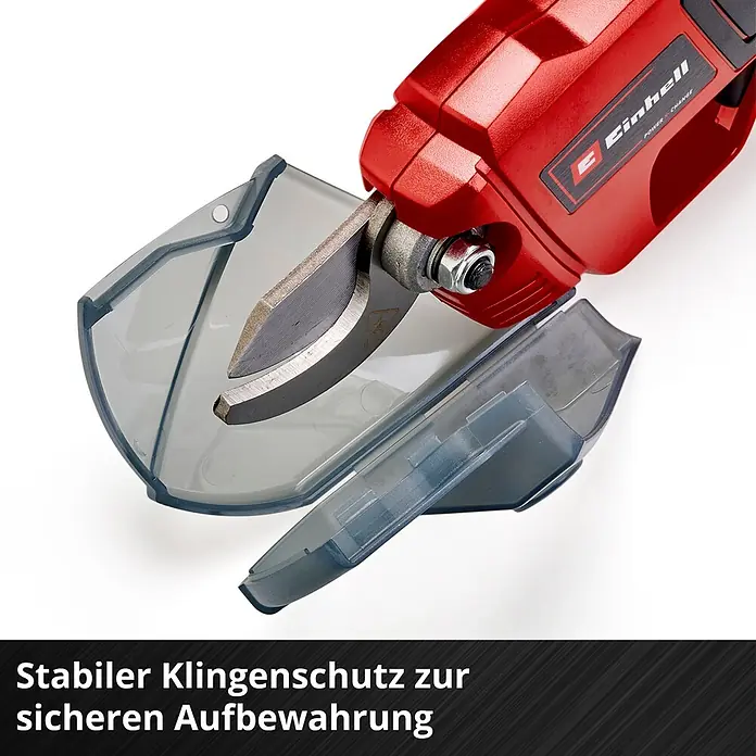 Einhell PXC 18V Einhand-Akku-Kettensäge GE-PS 18/15 + GE-LS 18 - 18 V, 2,5 Ah, Li-Ionen, 1 Akku, Schwertlänge: 15,8 cm - Rote elektrische Astschere mit silbernen Klingen und einem transparenten grauen Klingenschutz zur sicheren Aufbewahrung.