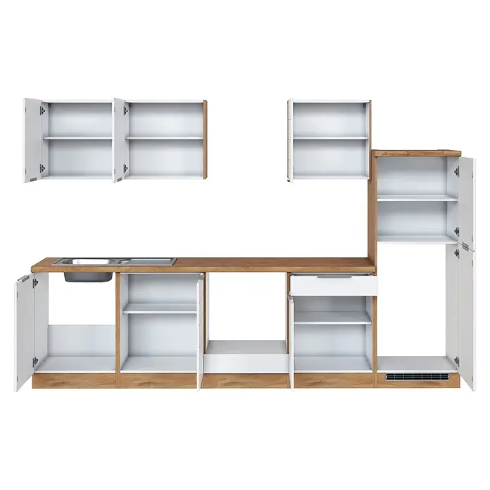 Held Möbel Küchenleerblock Genua Typ 1 - Breite: 300 cm, Weiß, Ohne Elektrogeräte - Weiß-holzfarbene Küchenzeile mit offenen Schränken, Spüle, Ablagen und Schublade.