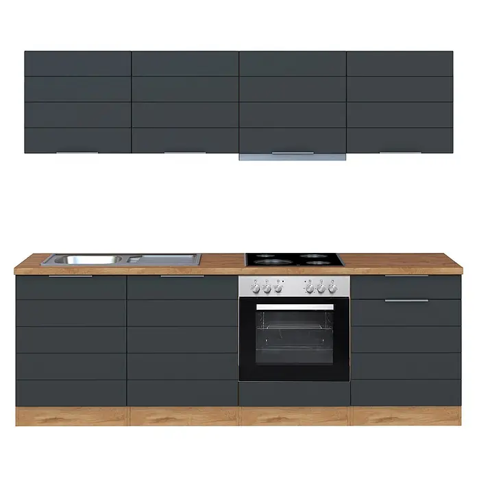Held Möbel Küchenzeile Genua Typ 1 - Breite: 240 cm, Grau, Mit Elektrogeräten - Moderne dunkelgraue Küchenzeile mit heller Holzarbeitsplatte, integrierter Edelstahlspüle, Kochfeld, Backofen und Dunstabzugshaube.