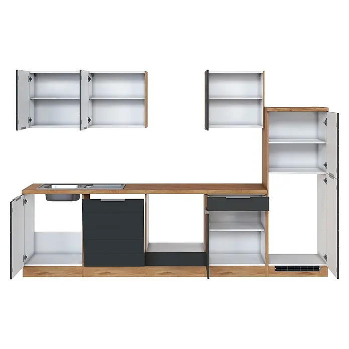 Held Möbel Küchenleerblock Genua Typ 3 - Breite: 300 cm, Grau, Ohne Elektrogeräte - Modulares Küchenset in hellem Holz, Dunkelgrau und Weiß, mit offenen Schränken, Schubladen und Spüle.