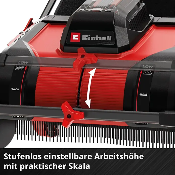 Einhell PXC 18V Laubsammler GE-GC 18/55 Li - Ohne Akku, 18 V, 100 l - Rotes und schwarzes Gerät zeigt stufenlose Höhenverstellung mittels roter Knöpfe und einer Skala mit 'LOW'/'HIGH' Indikatoren.