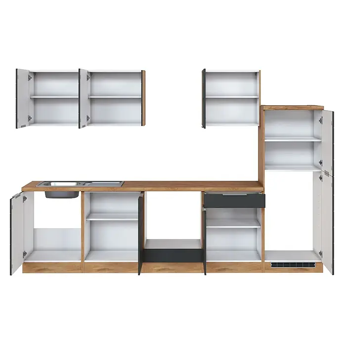 Held Möbel Küchenleerblock Genua Typ 1 - Breite: 300 cm, Grau, Ohne Elektrogeräte - L-förmiges Küchenschrank-Set mit heller Holzbasis, weißen Innenräumen, grauen Türen und Spüle. Offene Schränke und Schublade.